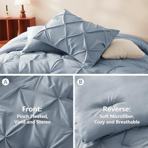 image for CozyLux Full Comforter Set 7 Pieces Bed in a Bag Grayish Blue, Pintuck
