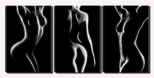 3 Panels Yoga Silhouette Wall Art Living Room - Stretched and Framed Painting - Black and White Canvas Print for Bedroom - Ready to Hang for Living Room Bedroom Office (16X24inchX3pcs)