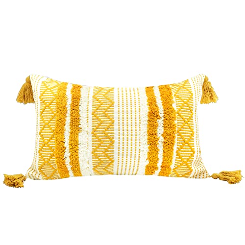 LIGICKY Fundas de almohada decorativas bohemias lumbares, amarillas y blancas, 12x20 pulgadas, fundas de almohada rectangulares de acento neutro, tejidas a mano, con borla, cama, sala de estar