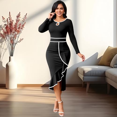 Image of Women's Elegant Church Vintage Bodycon Dress Casual Long Sleeve Work Business Pencil Split Sheath Midi Dresses