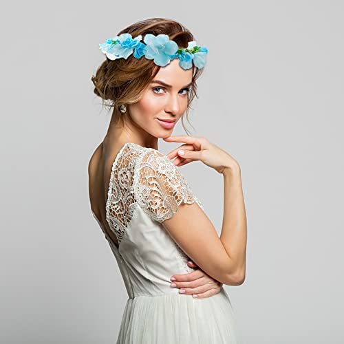 Flower Crown Headband Rattan Vine Wreath Garland Floral Wedding Bridal Hair Hoop Leaf Ribbon Party Decoration Headdress Headwear Christmas Handmade Headpiece Girls Kids Hair Accessories 2 Pack Blue #TOP3