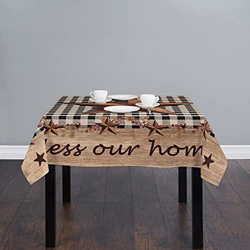 Soft Tablecloth Rectangle Table Cloth Bless Our Home Western Texas Star With Berries On Retro Black Plaid Burlap Table Runner For Dining,Party,Camping Indoor& Outdoor 60X60In #TOP1