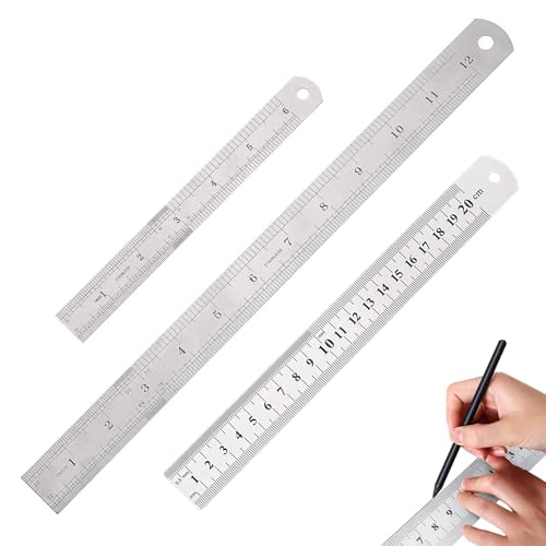3Pcs Metal Ruler Steel Straight – Stainless Steel Rulers 6 8 12 Inch 30cm 20cm 15cm – Precision Measuring Metal Ruler for Office School Engineering – Dual Metric Imperial Scale Drawing Tools