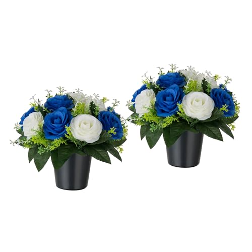 BLOSMON Artificial Grave Flowers Pots: 2 Pcs Blue Rose Silk Cemetery Flower Funeral Outdoor Decoration Memorial Floral Decorative Graveside Ornaments Fake Bouquet with Holders