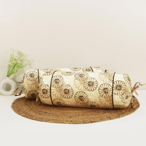 Image of AURAVE Cotton 144 TC Printed Bolster Cover with Drawstring Closure, Set of 2, Soft Breathable Durable Machine Washable for Sofa Bed & Home Decor, 15 inchx30 inch, Light Brown | Cover Only