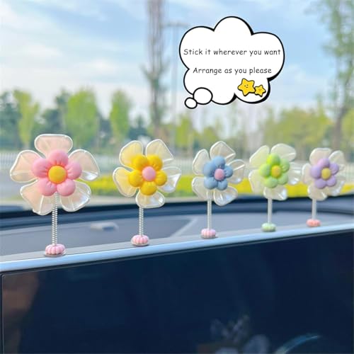 Image of Car Dashboard Decor Sunflower Cute Shaking Head Dancing Flower Interior Accessories Mirror Decorative Ornament (Includes 5 Flowers with Adhesive Stickers for Easy Install) (5 Pcs)