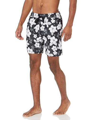 Amazon Essentials Herren-Badehose, schnelltrocknend, 17,8 cm, schwarze Hibiskusblüte, Größe M