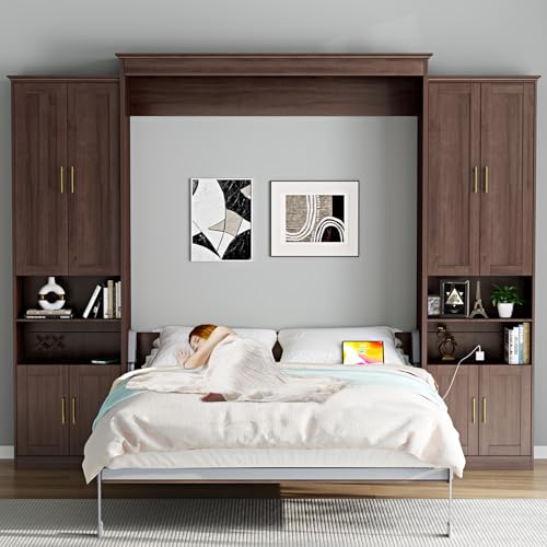 Rophefx Murphy Bed Queen with 2 Side Cabinet Storage Shelves, Queen Wall Bed Cabinet with USB Port, Wood Foldable Platform Bed Frame, Space Saving Beds, Modern Hidden Bed for Guest Room, Home, Walnut