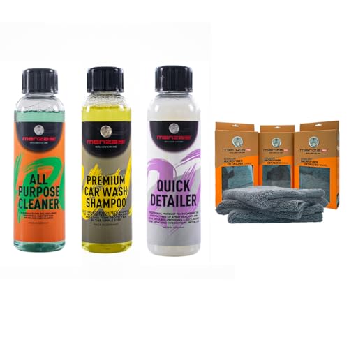 Image of MenzaPro Complete Car Care Combo All Purpose Cleaner, Premium Car Wash Shampoo 200ml, Quick Detailer 200ml, Edgeless Microfiber Towels 300 GSM Pack of 3