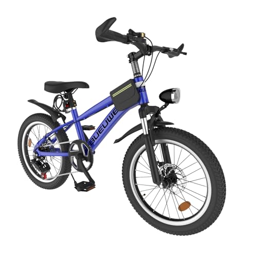 LNRLZYLS Kids Bike for Boys & Girls Ages 7–12, 20/24 Inch Mountain Bicycle with 7-Speed Gear, Dual Disc Brakes, Suspension Fork, LED Headlight – Youth Bike for Outdoor Riding,Blue,20inch