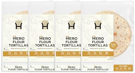 Hero Flour Tortilla - Delicious Tortilla Wraps | Soft Net Low Carb Tortillas | High Fiber, 1g Net Carbs & 80 Calories Per Serving (24 Tortillas, 4 Packs of 6)