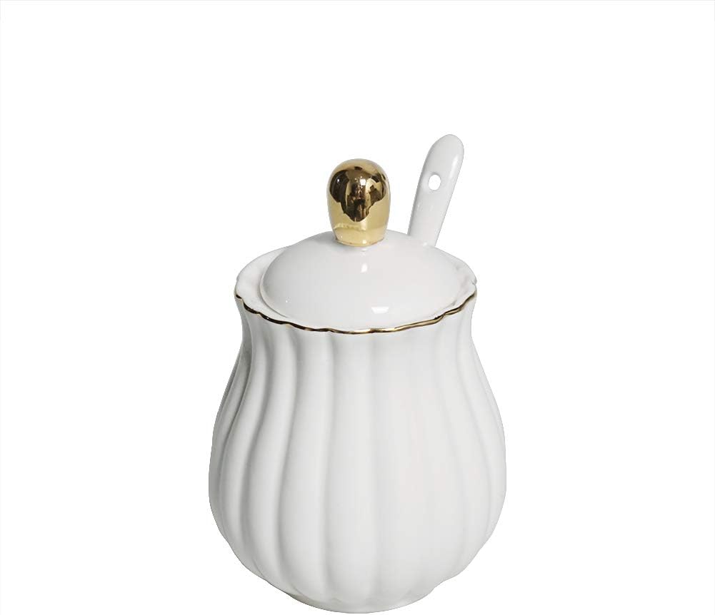White Sugar Bowl, Ceramic Sugar Bowl with Lid and Spoon for Home and Kitchen 8.5 oz