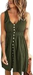 BTFBM Mini Robe sans manches Col rond Bouton vers le bas Une ligne de soleil Robe haute taille, Swing robe d'été pour les femmes, au-dessus de la longueur du genou, courte robe en tricot côtelé, tenues de vacances pour les dames
