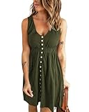 BTFBM Women Sleeveless Summer Dress 2025 Crewneck Ribbed Knit Ruffle Swing Button Down Beach Sun Mini Tank Short Dresses(Buttons Army Green, Medium)