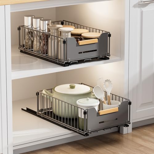 2 Pack Pull Out Cabinet Organizer, Slide Out Drawers for Cabinets,Peel and Stick,Comes with adhesive and screws,Suitable for kitchens,Cupboard,Pantry, Bathroom, Short-Gray(14.76