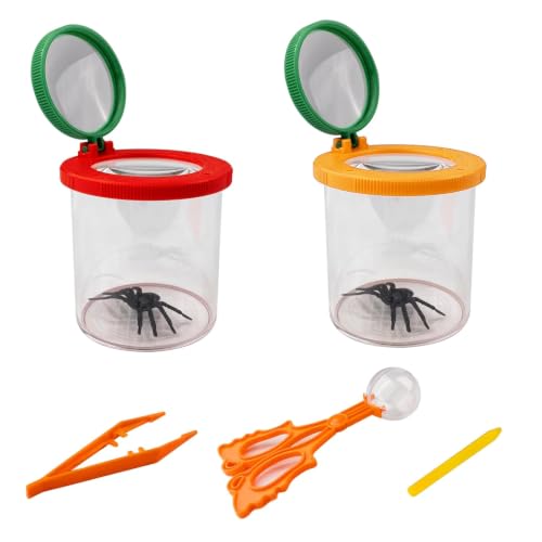 2 Stück Becherlupen für Kinder Becherlupe Set Entdecker Set mit Insekten Beobachtungsbox Lupenbecher Insektenfänger mit Schmetterlingsfangnetz Geschenke für Junge und Mädchen - Forscherset für Kinder