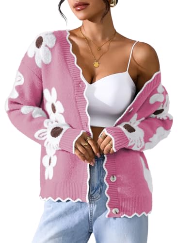 Pink Queen Elegant Fuzzy Sweater Cardigan for Women 2025 Fashion Long Sleeve Flower Print Outerwear Button Down Open Front Cardigan Coat Sachet Pink XL