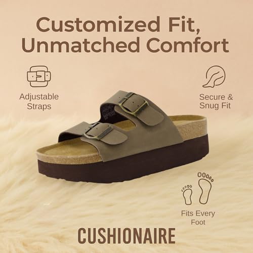 CUSHIONAIRE Plane Comfortable Platform Womens Sandals with Double Buckle Straps and Genuine Suede Footbed Sandals for Women 2025, Wide Widths Available2