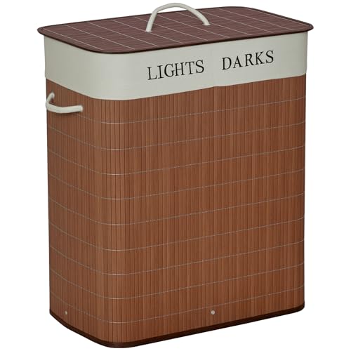 HOMCOM 100L Laundry Basket with Lid String Handles, 2 Section Collapsible Hamper Removable Lining Foldable Water-Resistant Dirty Clothes Storage, Brown