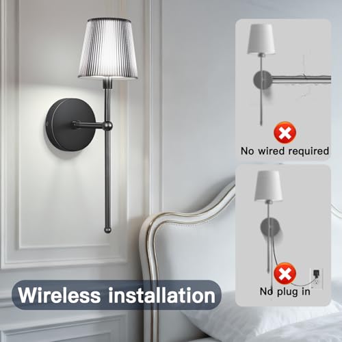 Image of TaoFiaCo Battery Operated Wall Sconces Set of 2,Wireless Wall Sconce Black | 5200mAh Rechargeable, Remote, Timer, Dimmable, Cordless Wall Light for Bedroom Living Room, Hallway, Light Decor