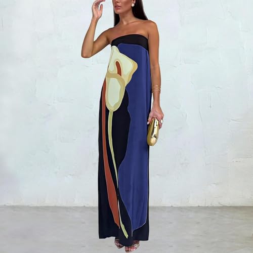 Image of Women Y2k Strapless Maxi Dress Summer Backless Floral Long Tube Dress Off Shoulder Cocktail Party Dress