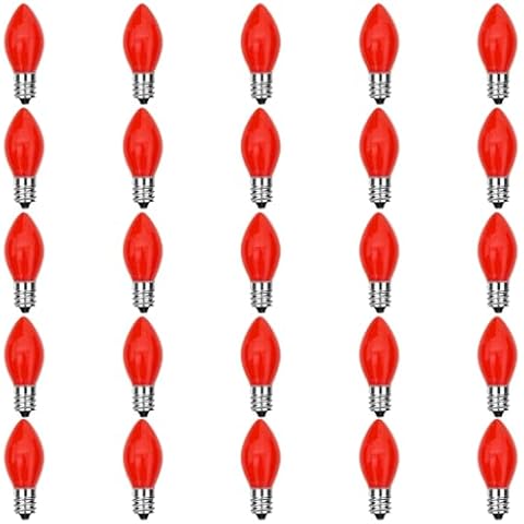 Oviejo C7 Christmas Light Bulbs, 25 Pack C7 Red Replacement Bulbs 0.6W Night Light Bulbs Vintage LED Replacement Bulbs, C7/E12 Candelabra Base, 0.6 Watt Cover