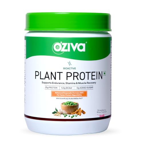 Image of OZiva Bioactive Plant Protein (Strawberry), 500g | 25g Protein,5.5 BCAA| Pea Isolate| Plant based Protein Powder for Women & Men | Essential Amino Acids| Vegan Protein supplement, Clean, Sugar free.