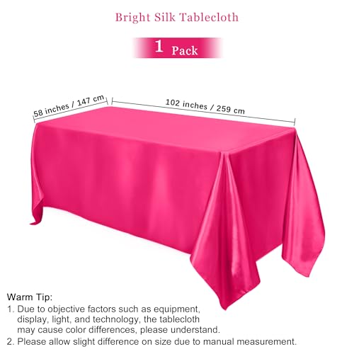 Image of TURSTIN 1 Pack Hot Pink Satin Tablecloth 102 x 58 Inch Overlay Satin Table Cover Rectangle Bright Silk Tablecloth Smooth Fabric Table Decoration for Wedding Banquet Party Events