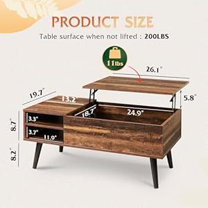 WLIVE Wood Lift Top Coffee Table with Hidden Compartment and Adjustable Storage Shelf Lift Tabletop Dining Table for Home Living Room Office Rustic Oak
