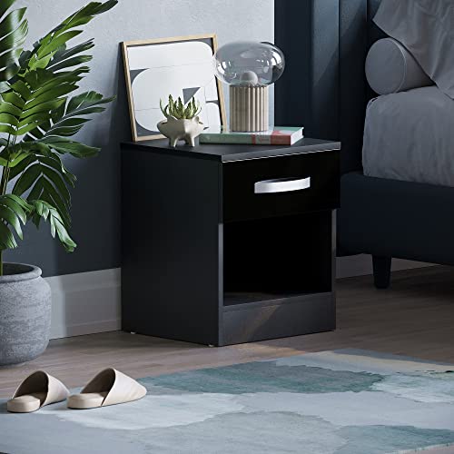 Amazon Brand - Movian Table de chevet très brillante à 1 tiroir, noir, 47 x 40 x 36 cm