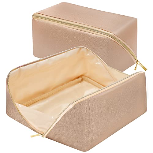 Lazy Makeup Bag Opens Flat for Easy Access,Large Capacity Cosmetic Bag Pouch Makeup Pouch Storage Organiser for Women Girls,Waterproof Travel Toiletry Bag,Birthday Gifts for Friend (Champagne Gold)