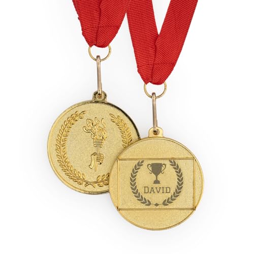 Wanapix | Medallas Personalizadas | Medallas Niños y Adulto | Medalla Metal Grabado | Medallas Premios | con Cinta Roja | Oro - 5ø cm | Laurel