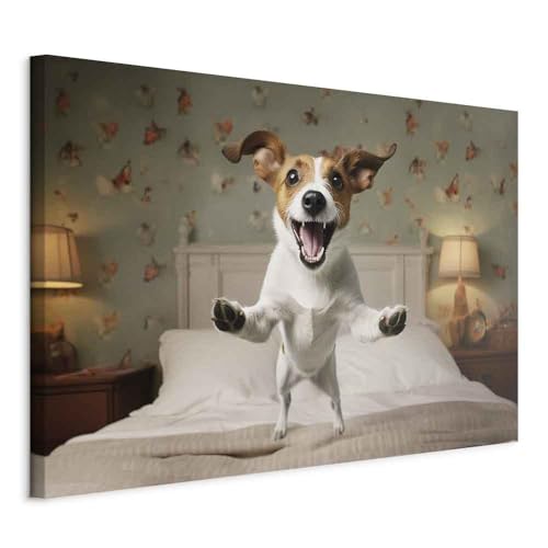 murando - Wandbilder XXL Hund lustig 90x60 cm 1 tlg - Wand Deko Leinwand Bilder Groß Wanddeko Wohnzimmer Schlafzimmer Kunstdrucke Bild lachende Hündchen Jack Russell terrier g-H-10068-b-a