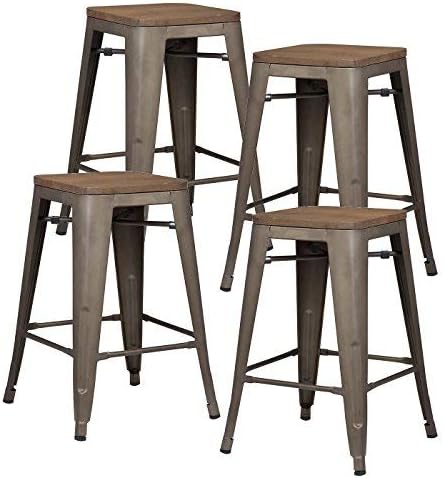 EdgeMod Trattoria 24' Counter Height Industrial Bar Stool with Elmwood Seat, Stackable, Bronze (Set of 4)