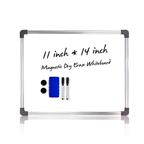 White Kaiman Personal Magnetic Dry Erase Whiteboard w/ Silver Frame -Perfect for Home School and Distant Learning- Incl White Board, 2 Marker, 1 Eraser, 3 Magnets (11