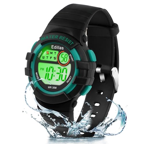 Edillas Relojes Niñas Niños Digitales,7 Colores Reloj Infantil de Pulsera LED Niños Deportes Impermeables Multifuncionales para Exteriores con Cronómetro/Alarma (Negro)