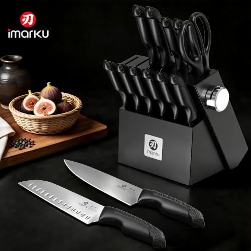 Image of imarku 14-Piece Knife Set with Block and Built-In Sharpener, Black