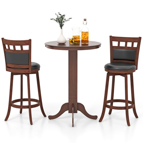 COSTWAY 3 Piece Wood Bar Table Set for 2, Round Pub Table with Pedestal Base & 2 Upholstered Swivel Stools with Footrest, Farmhouse Bistro Table Set for Kitchen Home