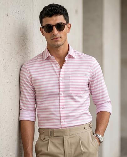 Image of IndoPrimo Men's Striped Casual Shirt | Premium Cotton Formal Shirt for Man | Slim Fit Full Sleeve Strip with Pocket | Office, Business & Smart Casual Wear