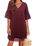 Blooming Jelly Womens White Dresses Short Sleeve V Neck Ruffle Cute Sun Dress Chiffon Flowy Shift Mini Dress(Medium,Wine Red)