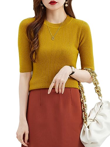 Women Summer Fall 100% Merino Wool Half Sleeve Crewneck Knit Pullovers Soft Sweater4