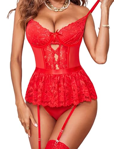 Image of GirlFriend Women's Valentine Wedding SpecialNight Lingerie Babydoll Bodysuit Bikini Sweemwear Set Two Piece Lingerie Set with Garter Clips(Stokcing Not Included)