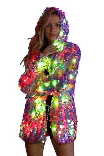 HAA FEE LED Light Up Jacket for Women Pink Sequin Jacket with LED Lights for Glow Party Rave Carnival DJ Festival