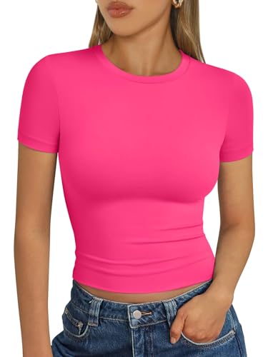 Trendy Queen Womens Short Sleeve T Shirts - Buttery Soft Summer Crop Tops Slim Fit Y2k Basic Tees for Workout Neon Pink M