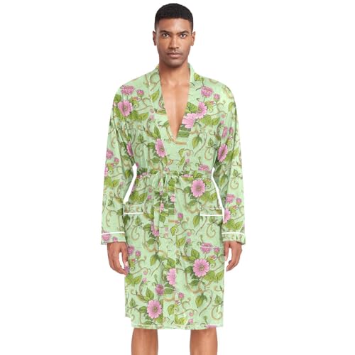 Amooorous - Albornoz vintage con estampado de hojas de ratán para hombre, manga larga, con cuello en V, camisa de noche, bata d bano para hombre para fiesta de natación, talla L