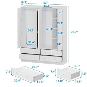 MOUMON 4 Door Wardrobe Closet with Mirror & 6 Drawers, Wardrobe Armoire Closet with 2 Hanging Rods, Armoire Wardrobe with 4 Tier Shelves, Closet for Bedroom White (63”W x 19.7”D x 78.7”H) MOUMON 4 Door Wardrobe Closet with Mirror 6 Drawers Wardrobe Armoire Closet with 2 Hanging Rods Armoire Wardrobe with 4 Tier Shelves Closet for Bedroom White 63W x 197D x 787H