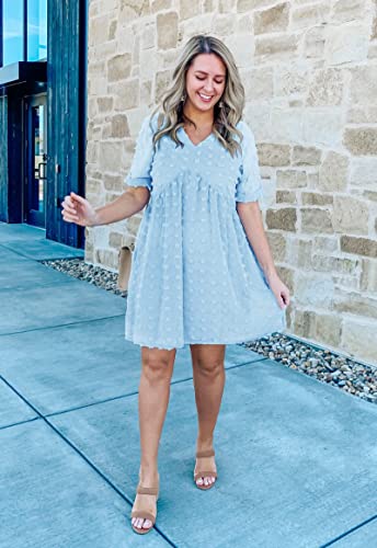 Kirundo 2023 Summer Womens Short Sleeve Mini Dress V Neck Flowy Casual Dress Swiss Dot Loose Short Plus Size Maternity Dress(Medium, Blue) #TOP1