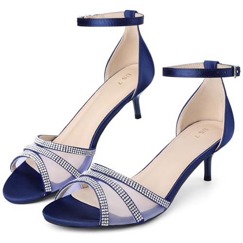 Allegra K Allegra K Women's Rhinestone Mesh Kitten Heels Navy Blue Sandals 9 M US