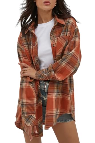 Image of CHYRII Womens Button Down Flannel Shirts Long Sleeve Plaid Shackets Business Casual Blouse Top