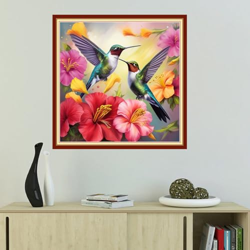Image of Foxhool Beginners Cross Stitch Kits Stamped Full Range of Embroidery Kits for Adults DIY Cross Stitches kit Embroidery Patterns for Needlepoint kit-Hummingbird Couple 18x18 inch